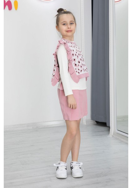 Pembe Leopar Desenli Süveterli Şort Etekli Kız Çocuk Badili 3lü Takım 20499 modelleri
