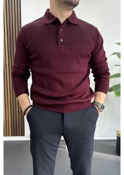 Erkek Düğmeli Polo Yaka Kazak Bordo EDW231
