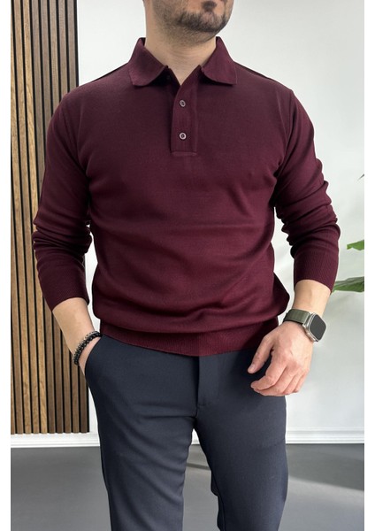 Erkek Düğmeli Polo Yaka Kazak Bordo EDW231 fiyatları