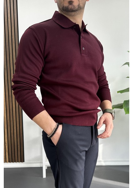 Erkek Düğmeli Polo Yaka Kazak Bordo EDW231 modelleri