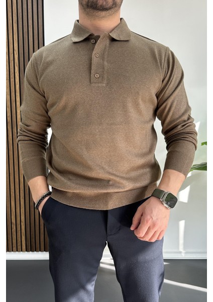 Erkek Düğmeli Polo Yaka Kazak Kahverengi EDW231