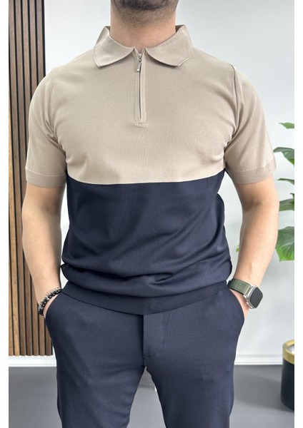 Erkek Renk Bloklu Polo Yaka Yarım Fermuarlı Tişört Siyah EDW234