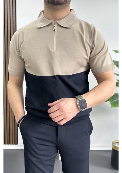 Erkek Renk Bloklu Polo Yaka Yarım Fermuarlı Tişört Siyah EDW234 fiyatları