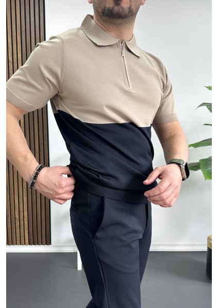Erkek Renk Bloklu Polo Yaka Yarım Fermuarlı Tişört Siyah EDW234 modelleri
