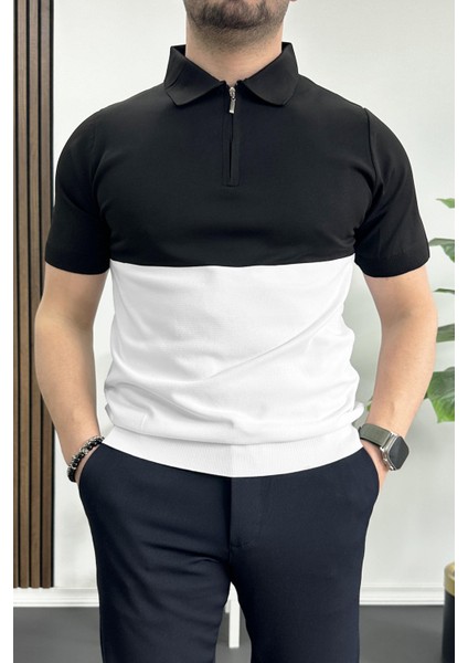 Erkek Renk Bloklu Polo Yaka Yarım Fermuarlı Tişört Siyah EDW234