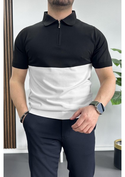 Erkek Renk Bloklu Polo Yaka Yarım Fermuarlı Tişört Siyah EDW234 fiyatları