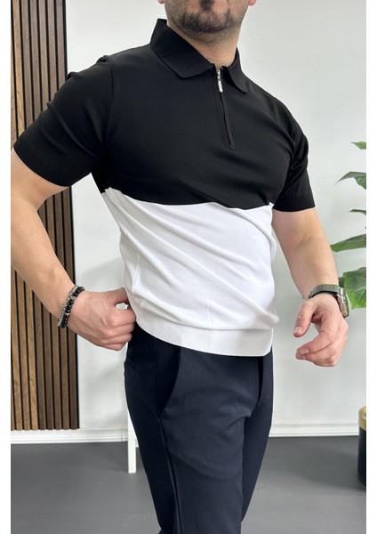 Erkek Renk Bloklu Polo Yaka Yarım Fermuarlı Tişört Siyah EDW234 modelleri