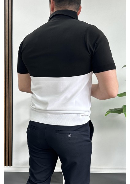 Erkek Renk Bloklu Polo Yaka Yarım Fermuarlı Tişört Siyah EDW234 fırsatları