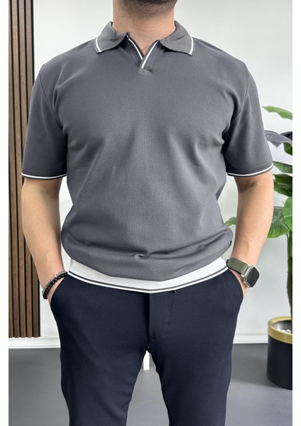 Erkek Açık Yaka Şerit Detaylı Tişört Füme EDW235