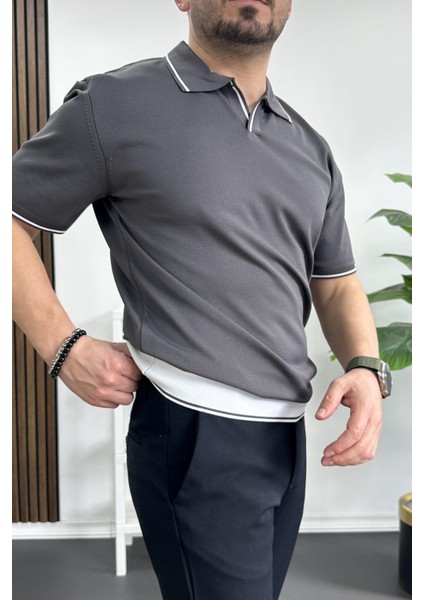 Erkek Açık Yaka Şerit Detaylı Tişört Füme EDW235 fiyatları