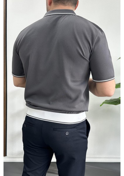 Erkek Açık Yaka Şerit Detaylı Tişört Füme EDW235 modelleri
