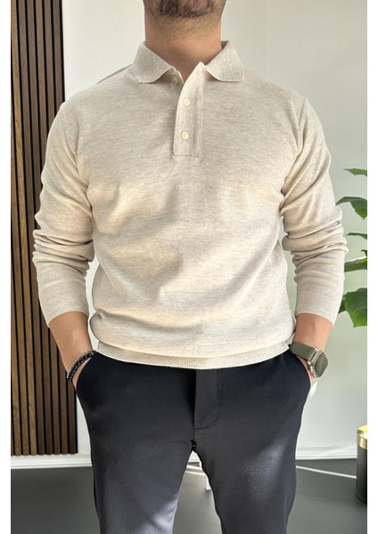 Erkek Düğmeli Polo Yaka Kazak Bej EDW231