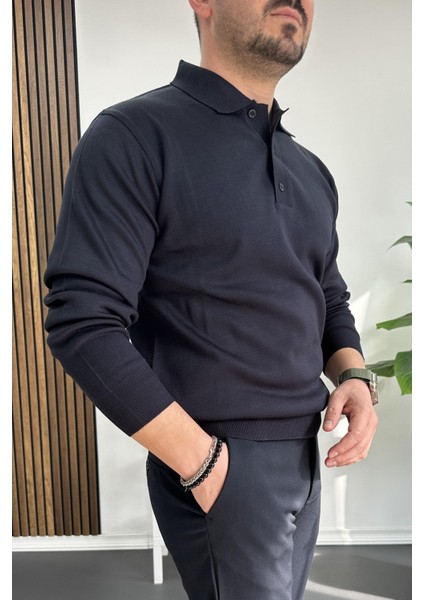 Erkek Düğmeli Polo Yaka Kazak Lacivert EDW231 modelleri
