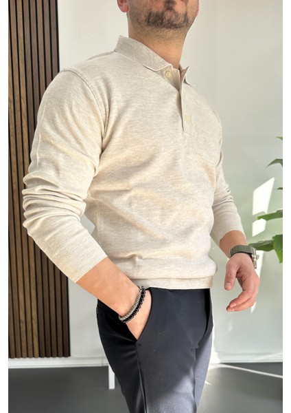 Erkek Düğmeli Polo Yaka Kazak Bej EDW231 modelleri