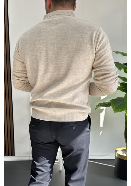Erkek Düğmeli Polo Yaka Kazak Bej EDW231 fırsatları