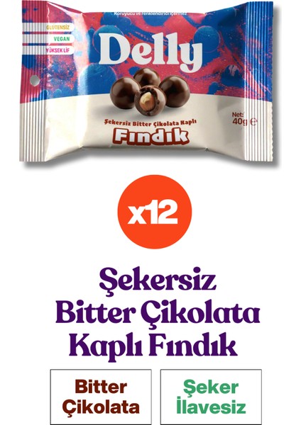 Şekersiz Bitter Çikolata Kaplı Fındık 40g (12ADET)