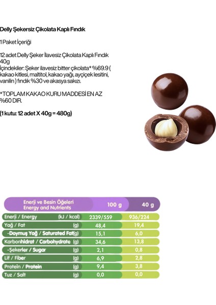 Şekersiz Bitter Çikolata Kaplı Fındık 40g (12ADET)