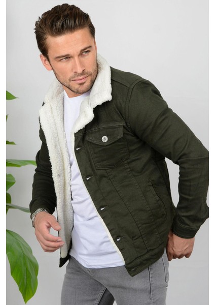 Erkek Slim Fit Cepli Içi Kürklü Düğmeli Kot Ceket Yeşil PR113 fiyatları