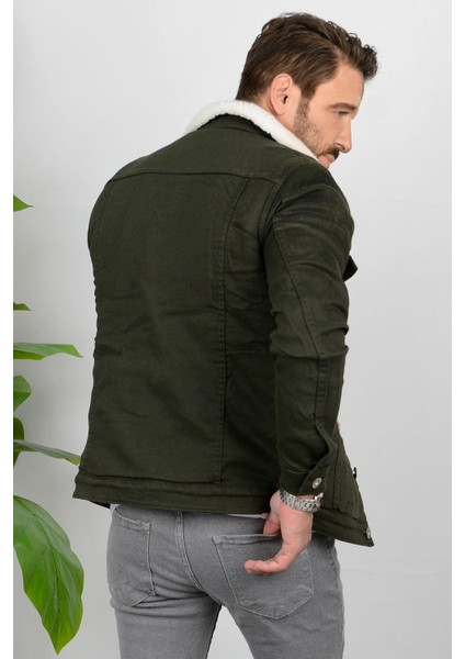 Erkek Slim Fit Cepli Içi Kürklü Düğmeli Kot Ceket Yeşil PR113 modelleri