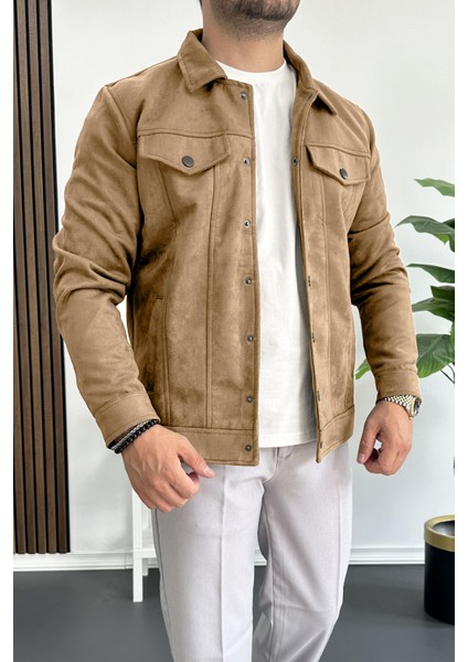 Erkek Slim Fit Cepli Nubuk Ceket Kahverengi EDW081
