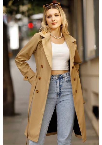 Kadın Kamel Düğmeli Su Itici Kuşaklı Kol Kemerli Trençkot