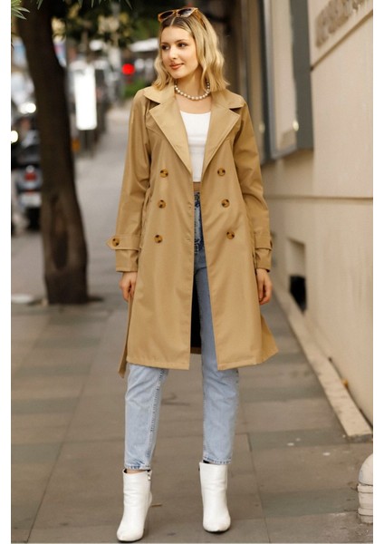 Kadın Kamel Düğmeli Su Itici Kuşaklı Kol Kemerli Trençkot fiyatları