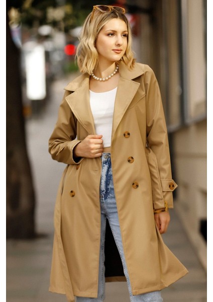 Kadın Kamel Düğmeli Su Itici Kuşaklı Kol Kemerli Trençkot modelleri
