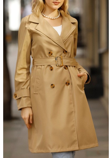 Kadın Kamel Düğmeli Su Itici Kuşaklı Kol Kemerli Trençkot fırsatları