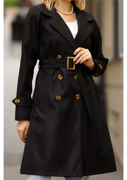Kadın Siyah Düğmeli Su Itici Kuşaklı Kol Kemerli Trençkot