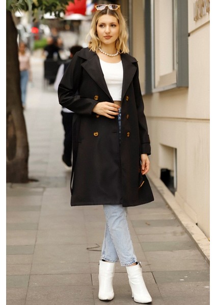 Kadın Siyah Düğmeli Su Itici Kuşaklı Kol Kemerli Trençkot fiyatları