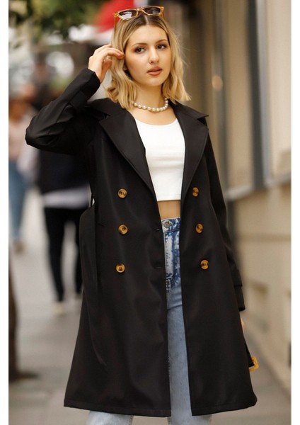 Kadın Siyah Düğmeli Su Itici Kuşaklı Kol Kemerli Trençkot modelleri