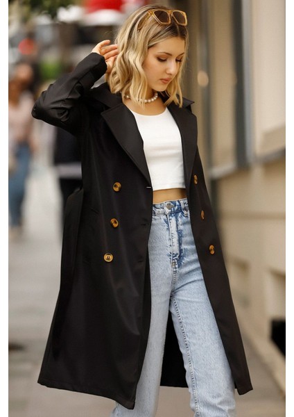 Kadın Siyah Düğmeli Su Itici Kuşaklı Kol Kemerli Trençkot fırsatları