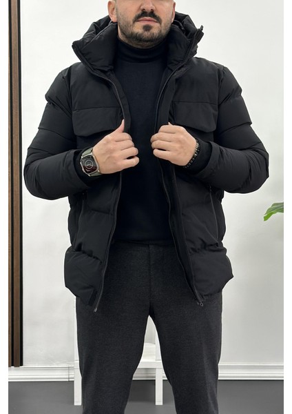 Erkek Slim Fit Kapüşonlu Şişme Mont Siyah Edw008