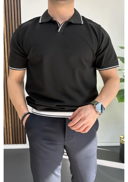 Erkek Açık Yaka Şerit Detaylı Tişört Füme EDW235