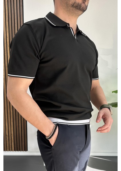 Erkek Açık Yaka Şerit Detaylı Tişört Füme EDW235