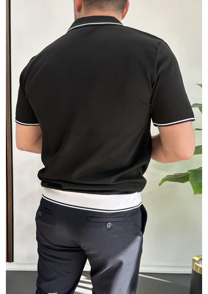 Erkek Açık Yaka Şerit Detaylı Tişört Füme EDW235