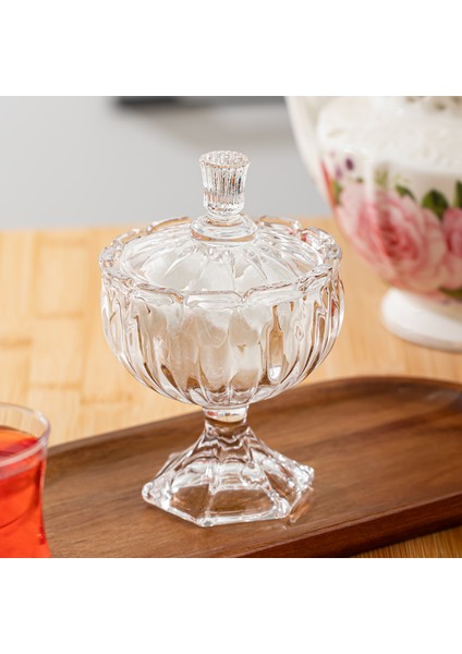 Sur-31 Kapaklı Ayaklı Cam Şekerlik Sunumluk Lokumluk Kahve Yanı Drajelik 150 ml