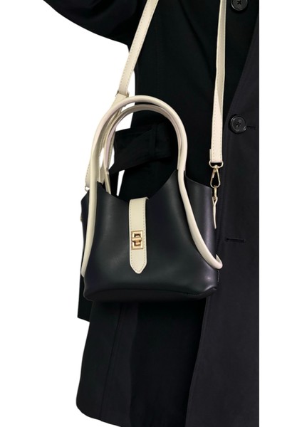 Kadın Küçük Boy Siyah-Bej Iç Çantalı Şık El ve Omuz Çantası