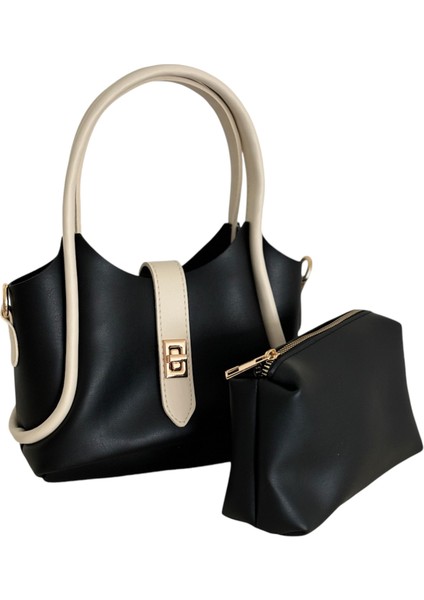 Kadın Küçük Boy Siyah-Bej Iç Çantalı Şık El ve Omuz Çantası modelleri