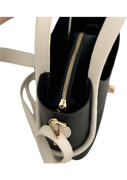 Kadın Küçük Boy Siyah-Bej Iç Çantalı Şık El ve Omuz Çantası fırsatları