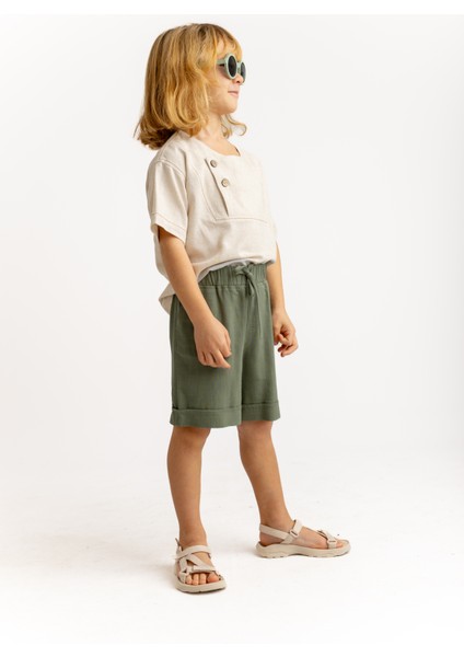 Haki Keten Beli Lastikli Bağcıklı Cepli Unisex Şort