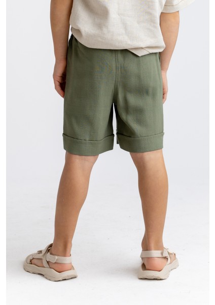Haki Keten Beli Lastikli Bağcıklı Cepli Unisex Şort