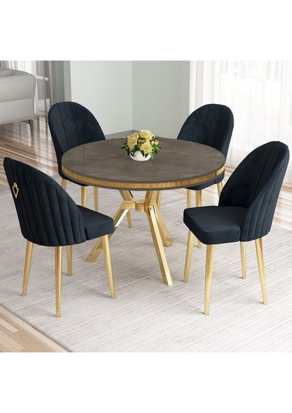 Mos Serisi 90 x 90 Lak Panel Antrasit Ironi Gold Kaplama Ayak Masa Takımı ve 4 Antrasit Sandalye