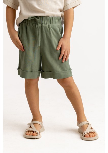 Haki Keten Beli Lastikli Bağcıklı Cepli Unisex Şort