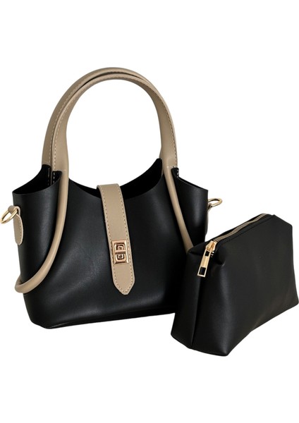 Kadın Küçük Boy Siyah- Vizon Iç Çantalı Şık El ve Omuz Çantası