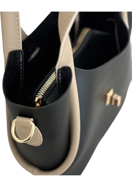 Kadın Küçük Boy Siyah- Vizon Iç Çantalı Şık El ve Omuz Çantası indirimleri