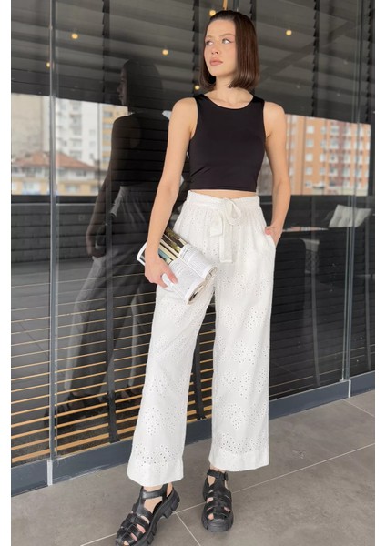 Kadın Yüksek Bel Fistolu Bel Lastikli Kuşaklı Pantolon