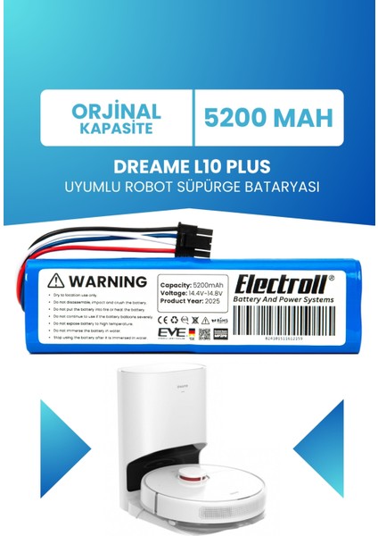 Dreame L10 Plus Uyumlu Batarya (ORJİNAL KAPASİTE) 5200mah Pil Robot Süpürge Batarya Değişimi