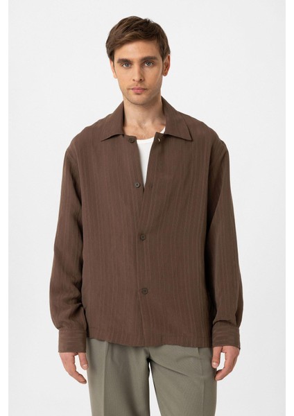 Kahve Oversize Dokulu Erkek Gömlek
