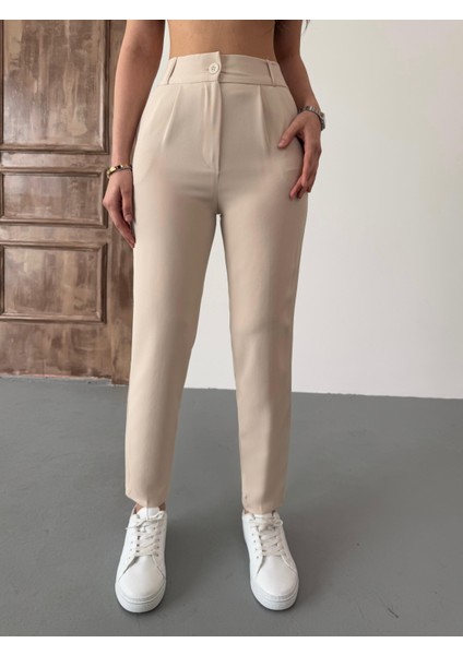 Kadın Yüksek Bel Lastikli Havuç Kesim Pensli Kumaş Pantolon fiyatları